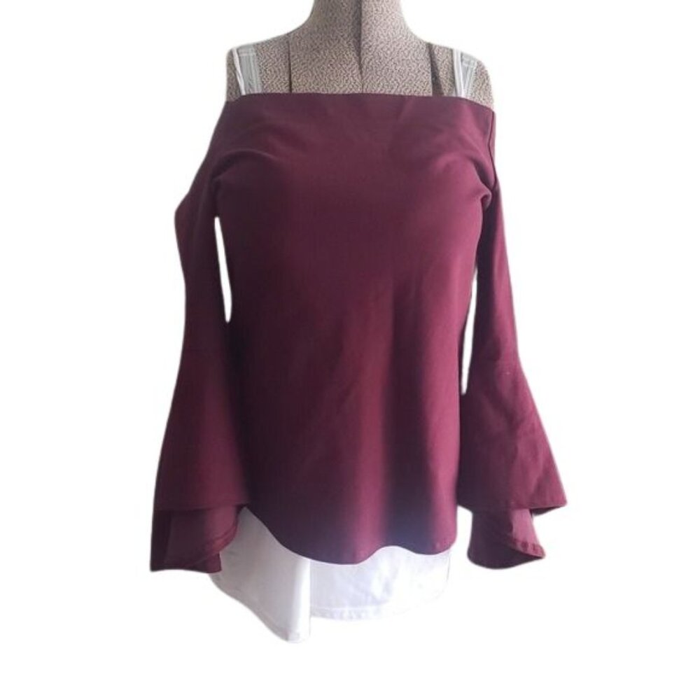 Karen Kane Off-Shoulder Bell Sleeve Top in Wine